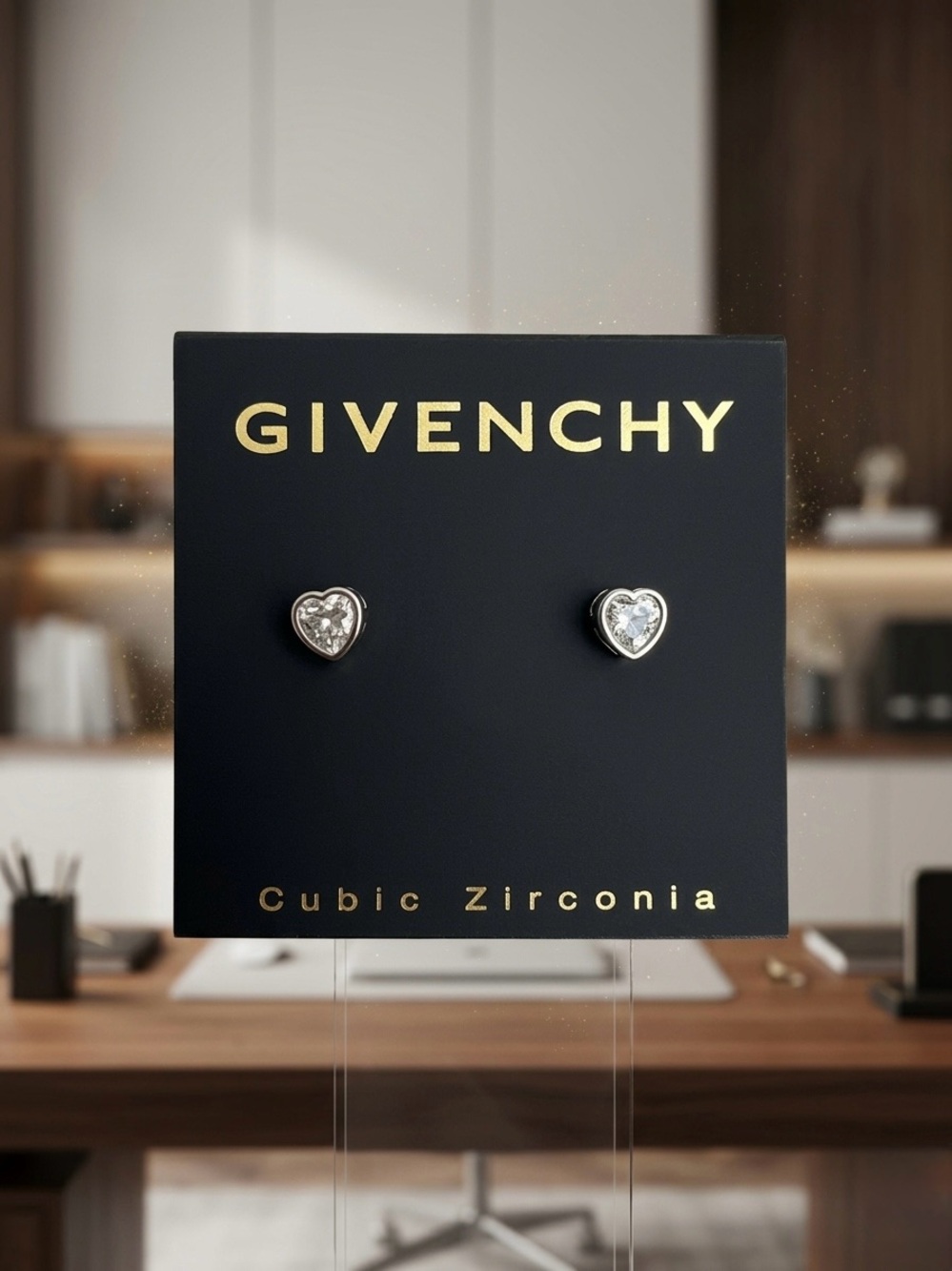 Givenchy Silver Heart Stud Earrings CZ